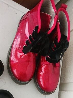 Red Patent Lace-Up Boots with Black Ribbon Laces